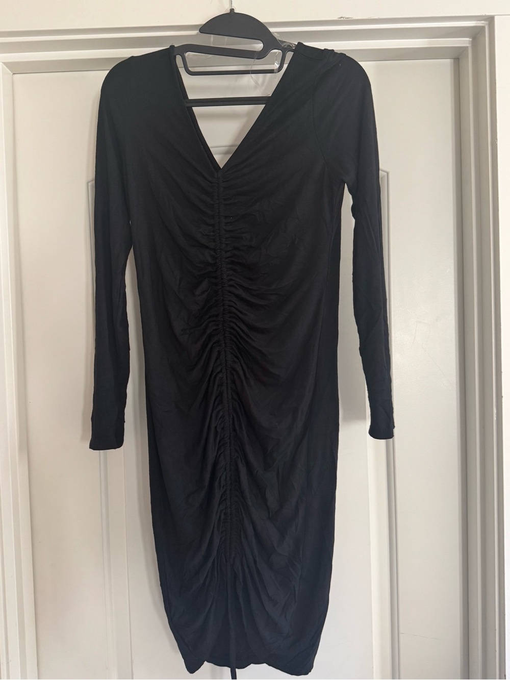 Fashion Nova Black Long-Sleeve Ruched V-Neck Dress